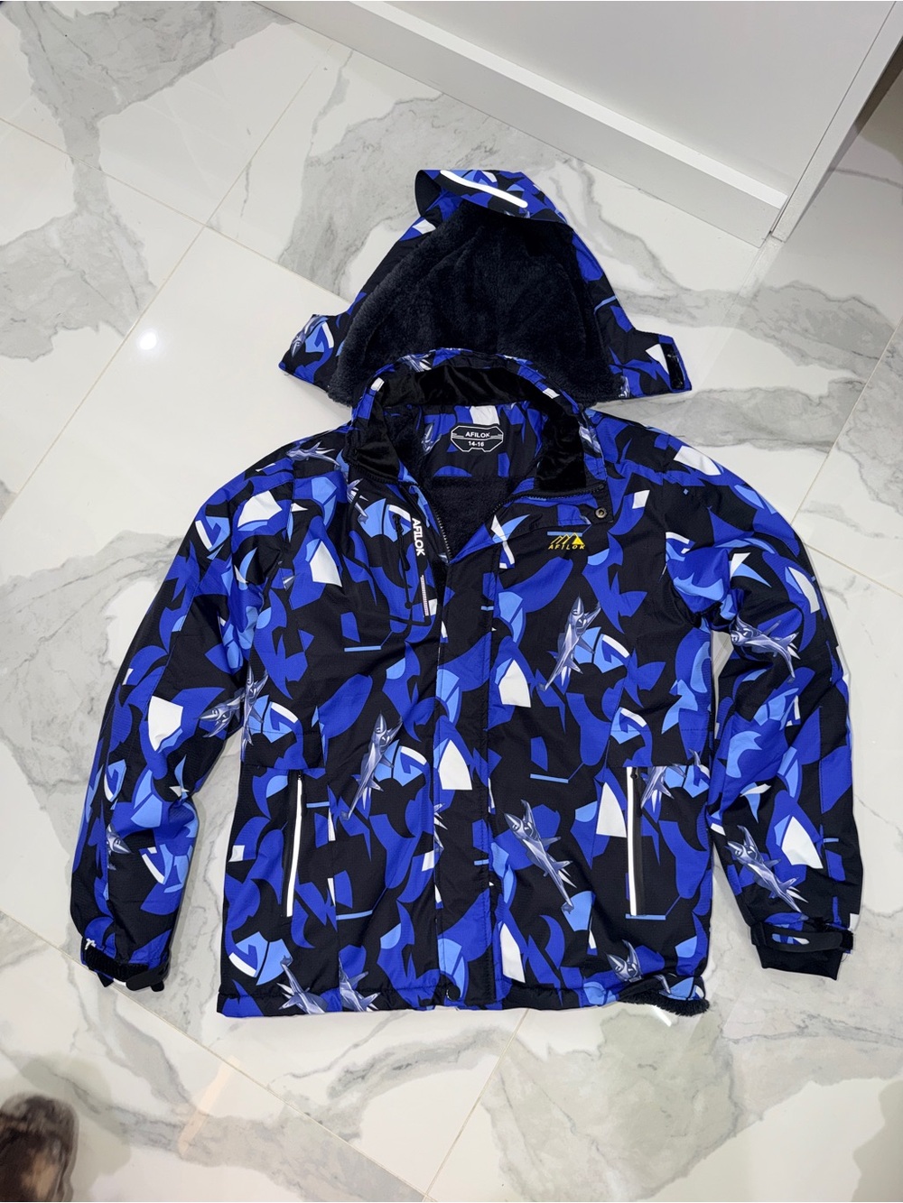 Blue Camouflage Kids Puffer Jacket with Removable Hood